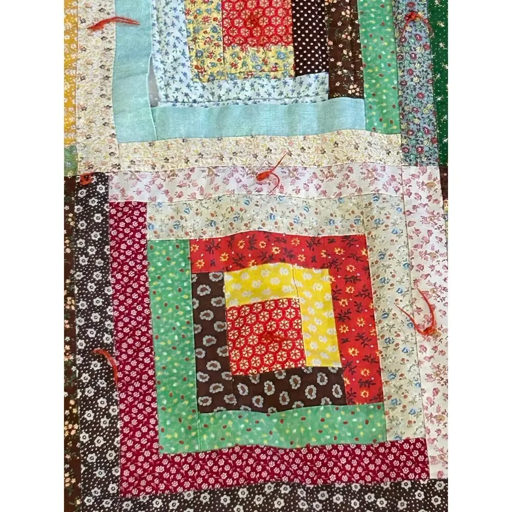 Handmade Full Size Log Cabin Patchwork Quilt Floral Calico Cottage Farmhouse